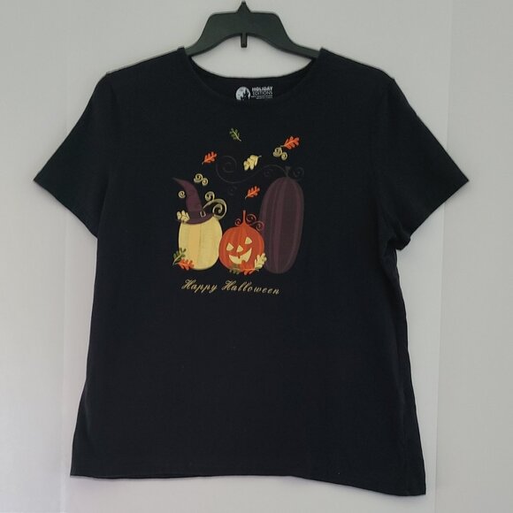 HOLIDAY EDITIONS XL/EG BLACK SHORT SLEEVE TEE --HAPPY HALLOWEEN GRAPHIC DESIGN - Picture 1 of 9